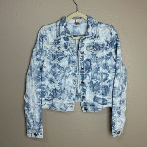 Joujou Acid Wash Jean Jacket Women Size Medium Blue White Tie Dye Button Up